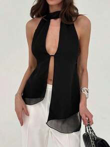 Top con cuello halter y espalda descubierta, asimétrico y sexy para mujer - Negro - Ver 3