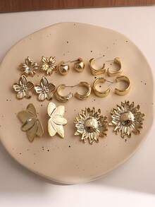 2/16pcs Gold Exaggerated Sunflower, Teardrop, 5-Petal Flower, Leaf Stud Earrings Set, Luxury Metal Versatile Earrings Suitable For Women's Daily, Vacation, Date, Gift - Multicolor - View 2