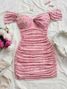 Vestido mini ajustado de punto con escote de hombros descubiertos, para vacaciones - Multicolor 3 - Ver 4