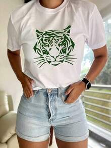 Camiseta blanca Casual de las mujeres con estampde tigre verde manga corta alrededor del cuello Z4XY - Blanco - Ver 6