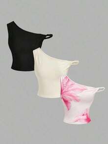 Blusa corta y ajustada de estilo elegante y vacacional, con cuello asimétrico y estampado jacquard de unicolor, para el verano - Multicolor - Ver 1
