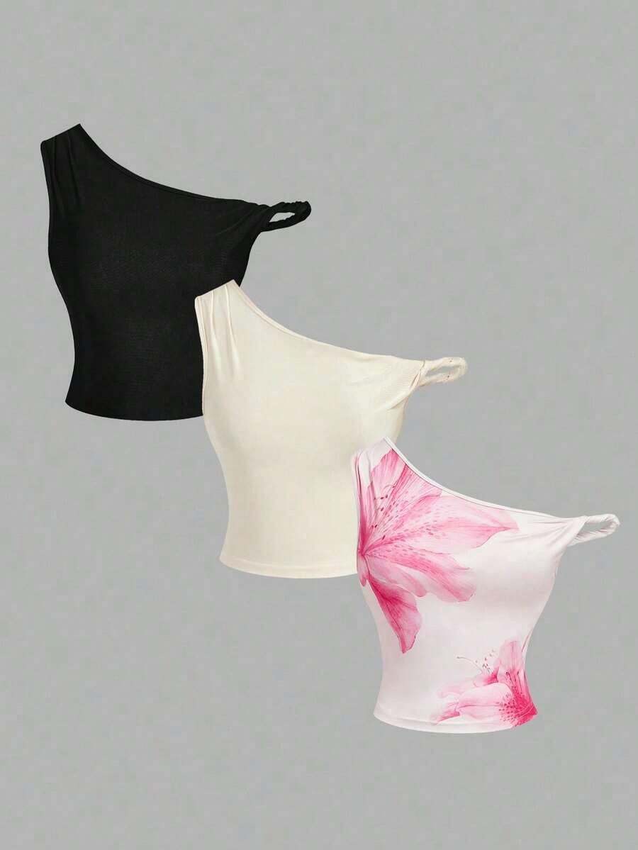 Blusa corta y ajustada de estilo elegante y vacacional, con cuello asimétrico y estampado jacquard de unicolor, para el verano - Multicolor - Ver 1