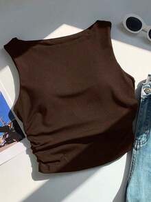 2 piezas Camiseta ajustada con pliegues versátil y casual para mujer - Café integral - Ver 3