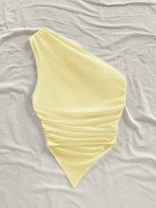 asimétrica con hombro descubierto de color amarillo pálido, adecuada para vacaciones de verano - Amarillo - Ver 2