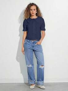 Camisa casual con cuello de volantes, mangas cortas abultadas y abotonadura, top lindo de otoño, ropa bohemia, atuendo de regreso a la escuela, para otoño, invierno, vestimenta occidental para mujer - Azul marino - Ver 3