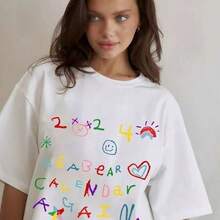 Camiseta de manga corta de algodón para mujer, talla grande, estilo europeo y americano, moderna, holgada, con estampado de letras, para verano. - Negro - Ver 3