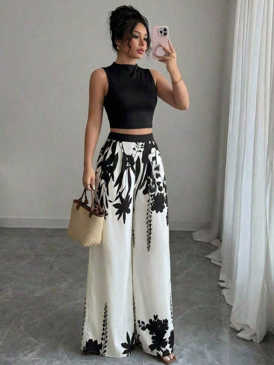 Nuevo conjunto casual de top y pantalones de color contrastante, pantalones anchos de cintura alta elegantes y sueltos, ropa de mujer de ajuste ceñido para primavera, verano y otoño de vacaciones - Multicolor - Ver 1