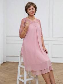 Medorina Vestido de mujer con cuello redondo, manga corta, volantes en el bajo y encaje en contraste, conjunto de verano para vacaciones para mujer en primavera y verano - Rosa - Ver 3