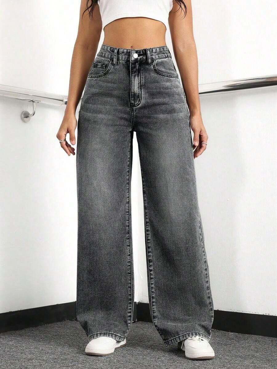Jeans de mezclilla de pierna ancha recta de diseño simple con cintura alta para mujeres a la moda - Gris Claro - Ver 1