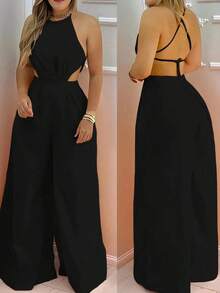 Mono casual de mujer con tirantes de halter, espalda descubierta y pierna recta - Negro - Ver 4