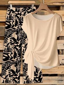 Set de 2 piezas: Blusa morada con lazo minimalista casual + Pantalones rectos holgados con estampado floral, adecuado para vacaciones de primavera/verano - Multicolor 15 - Ver 6