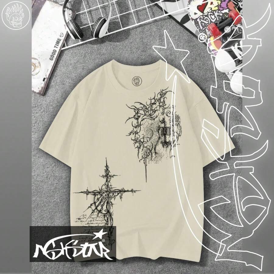 Premium 100% Cotton T-Shirt ASHSTAR "GOTHIC CROSS SKULL" - 香檳色 - 查看 1