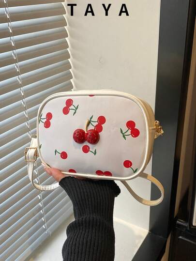 New Arrival Fresh & Sweet Cherry Print Square Bag, Decorated With Metal Cherry Charm, Zipper Closure, Adjustable Long Shoulder Strap, Small Capacity Lightweight Minimalist Soft Crossbody Bag. Suitable For Women's Daily Life, Vacation And Female Students
