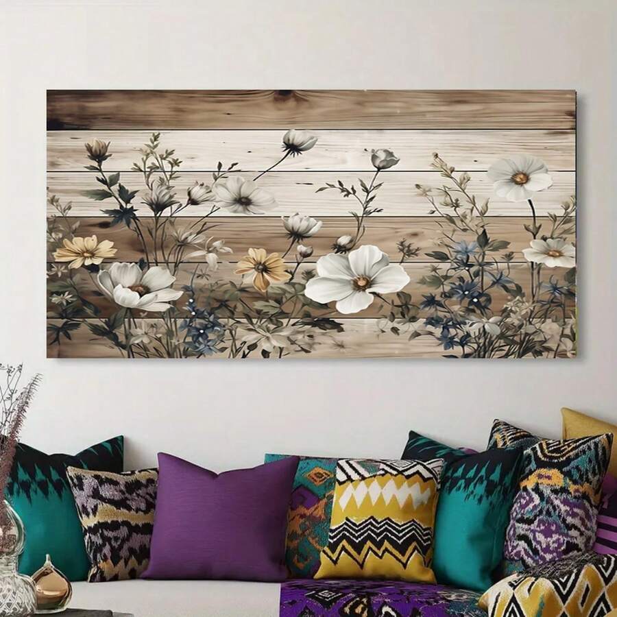 Enmarcado de pared floral rústico plano 2D, 1 pieza - Decoración de granja con paleta de colores beige/azul/gris/negro/marrón/verde - Lienzo listo para colgar para sala de estar, dormitorio, cocina, boda, fiesta - Decoración de pared floral vintage, lienzo listo para colgar, obra de arte para dormitorio, efecto de natural, fondo texturizado, decoración del hogar, marco de , decoradores del hogar - Enmarcado - Ver 1