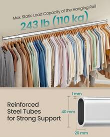 SONGMICS Clothes Rack With Wheels, Heavy-Duty Garment Rack With Extendable Hanging Rod, 243 Lb Load Capacity, 17.7 X (63-78.7) X 64.1 Inches - 銀色 - 查看 3
