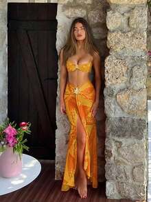 Nuevo Llegada Primavera/Verano Moda Mujer Elegante Casual Sexy Playa Vacaciones Cita Fiesta Conjunto Bikini Estampado Floral Tirantes Finos y Mini Falda - Amarillo - Ver 6