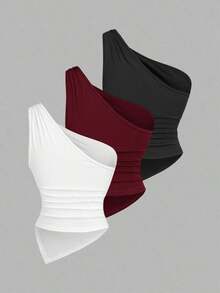 Blusa de unicolor minimalista con cuello asimétrico y hebilla de metal para mujer - Multicolor 7 - Ver 2