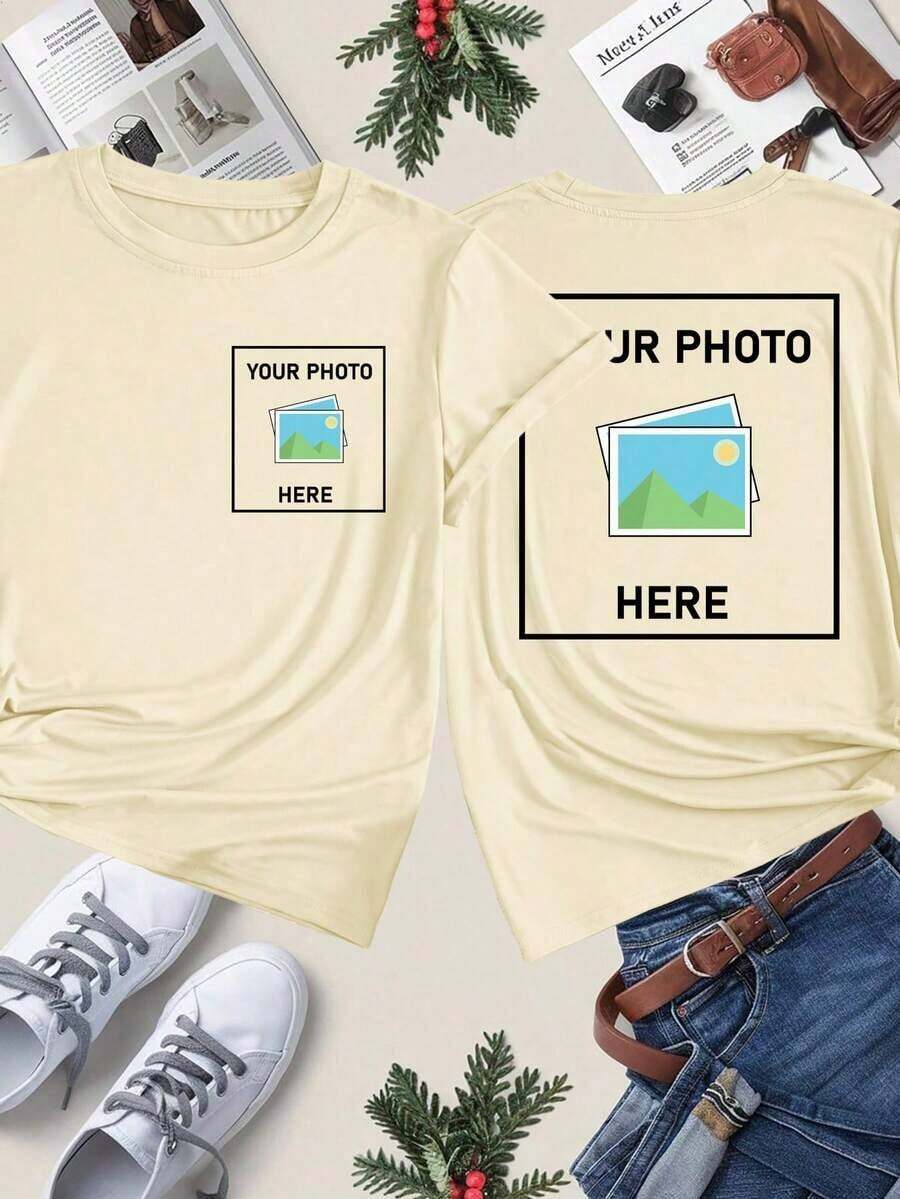 Personalized Women's T-Shirt - Add Your Text And Photos (Landscape/Badge/Couple/Family/Selfie/Pet), Printable On The Front And Back, Suitable For Summer Travel, Girlfriend Gift, Personalized Women's T-Shirt, Women's Top, Fashion, Casual, Minimalist, Personalized, Unique, Men's Clothing, Black Capsule Wardrobe, For The Family - 杏 - 查看 1