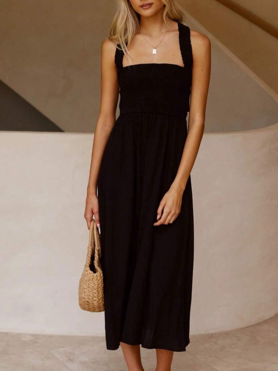 Vestido tirantes cuello barco algodón lino unicolor espalda descubierta elegante sensual estilo europeo verano - Negro - Ver 1