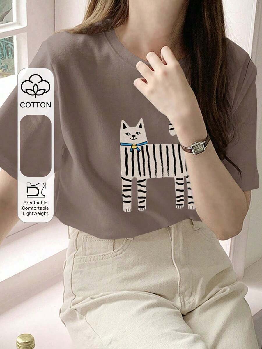Camiseta blanca de mujer con cuello redondo y estampado de gato, de manga corta, para primavera/verano, tops prepa de maestro Playeras Deportivas Para Mujer - Estilo VII - Ver 1