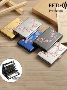 粉色桃花图案防盗金属卡包，男女通用，安全收纳卡片，时尚配饰，信用卡钱包，卡片整理器。休闲六卡位设计，小巧时尚，用途广泛，多个卡位可容纳多张卡片，按压式开合设计，方便取用。 - 彩色 - 查看 1