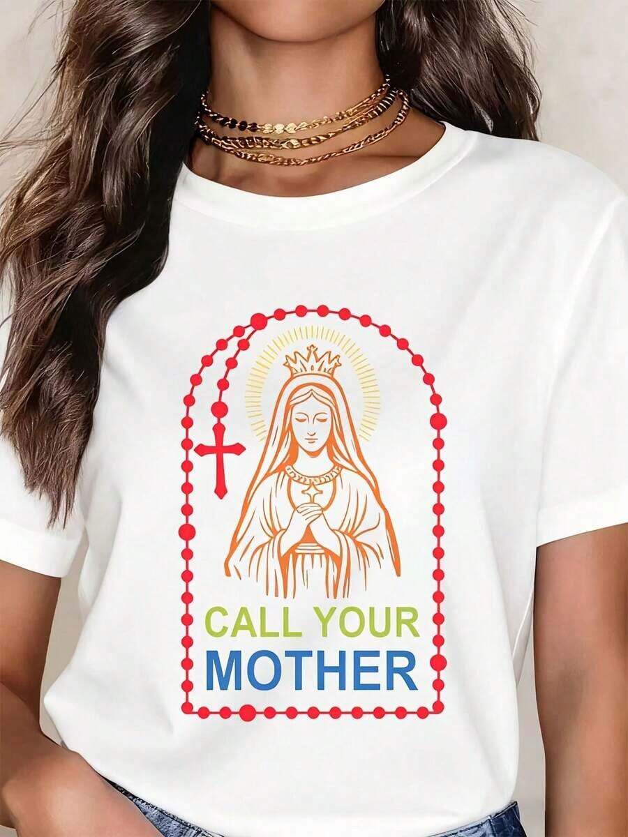 Camiseta de Estilo Religioso Vintage con Diseño de la Virgen María y Rosario, Texto 'Llama a Tu Madre', Ropa Casual de Verano para Mujeres Devotas e Ideas de Regalo Religiosas - Blanco - Ver 1