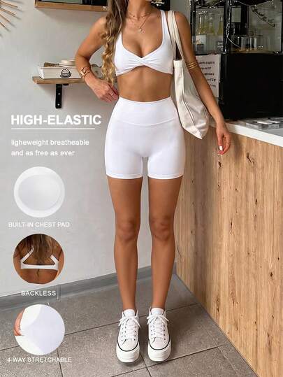 Bộ đồ thể thao hai mảnh mùa hè dành cho nữ GAOVOT, kiểu dáng gợi cảm với áo yếm cổ yếm và quần đùi cạp cao nâng mông, thích hợp cho tập luyện yoga, thể dục, gym.