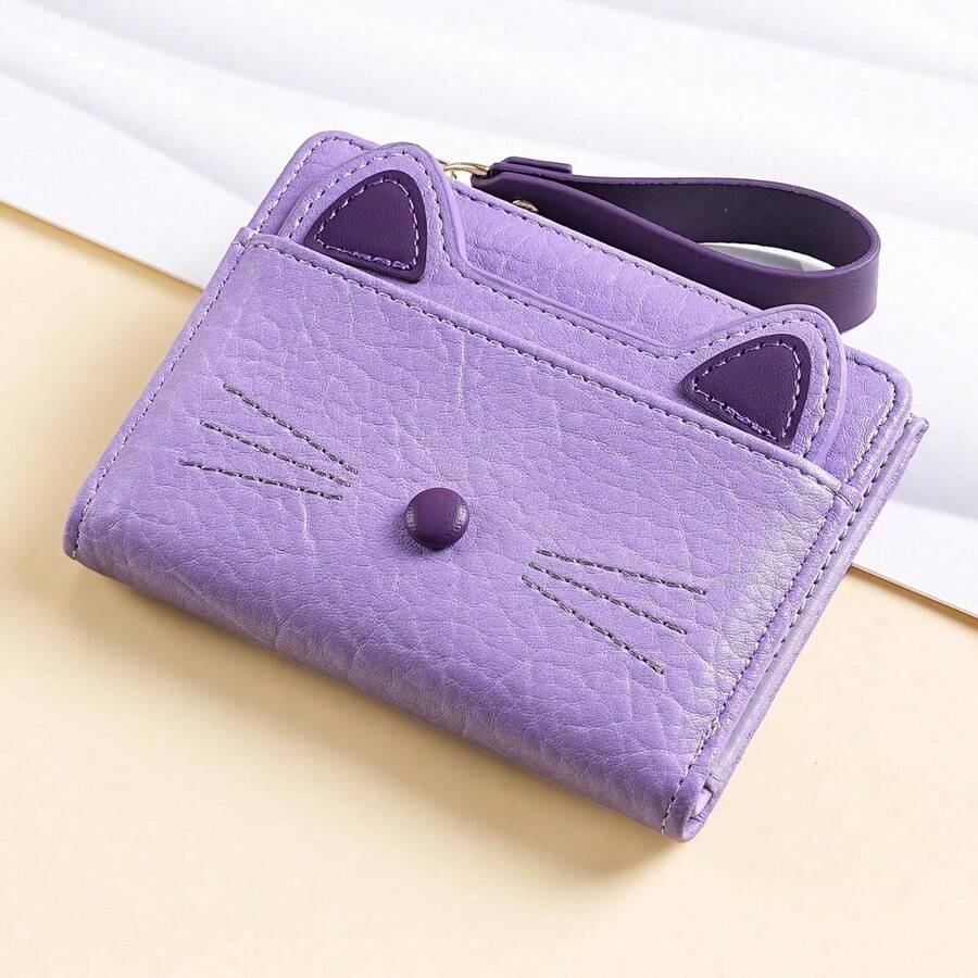 Cute Cat Shape Coin Purse Wallet, Multi Slot Short Card Holder, Compact Portable Daily Carry Pouch, Sweet Stylish Gift For Girls And Women Friends - Purple - View 1