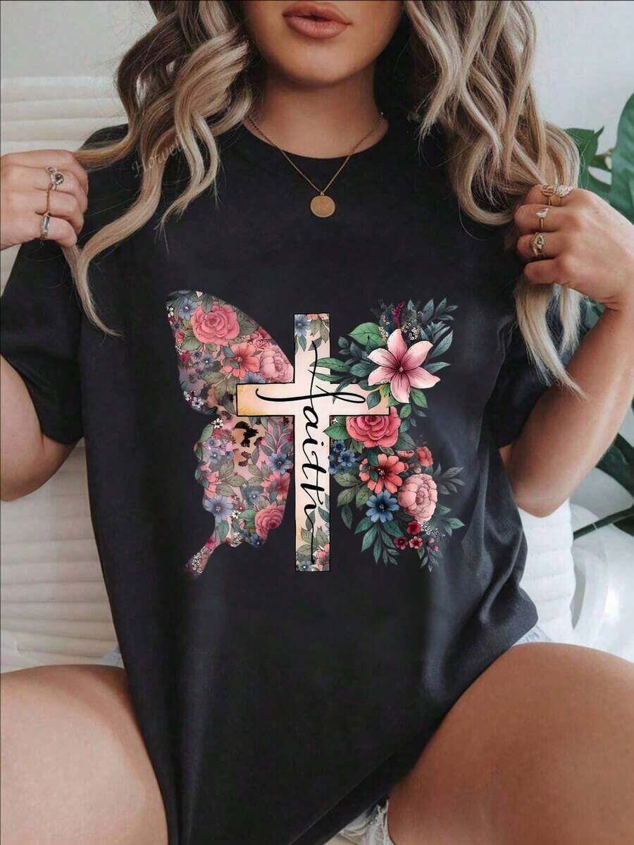Women's Vintage Style Short Sleeve Casual T-Shirt - Floral Butterfly And Cross Design, Round Neck, Summer Top, Machine Washable, Ladies' T-Shirts, Casual Wear, Modern Style, Comfortable Fit
-WhiteFashion - 黑色 - 查看 1