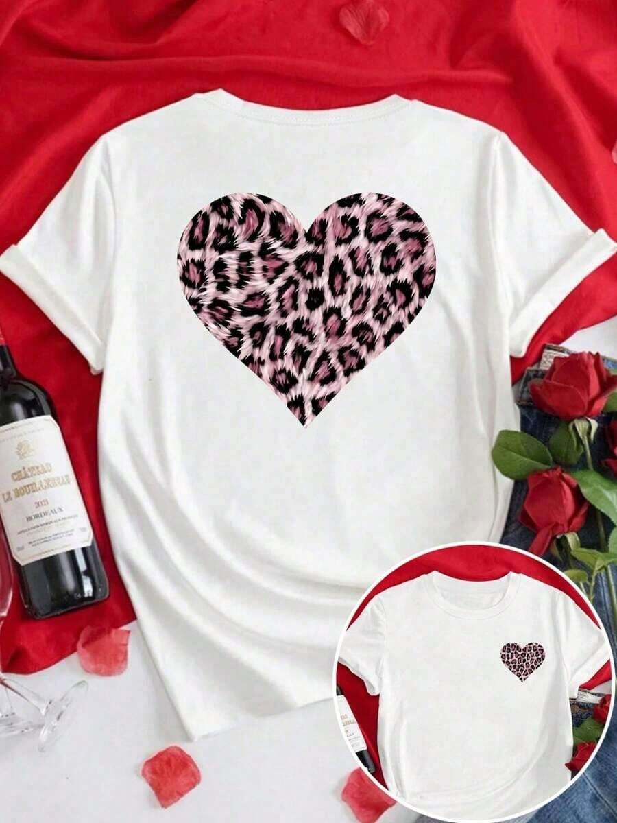 Camisetas de manga corta de talla grande para mujer, ideales para el verano, tops básicos para el día a día, camiseta de manga corta con paneles frontales y traseros - Estampado de corazón con diseño de leopardo, estampado de corazón a la moda - Camiseta estampada de primavera/verano para mujer, artículo de moda, transpirable y cómoda. - Blanco - Ver 1