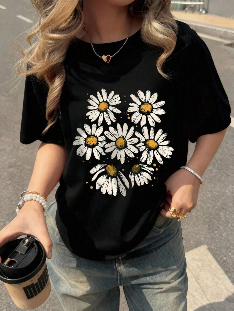 Playera nueva temporada primavera-verano para mujer, con estampado, manga corta y cuello redondo. Modelo básico, cómoda, fresca y ligera, estilo juvenil, moderno y casual. Diseño dulce y delicado, ideal para combinar en primavera y verano. - Negro - Ver 1
