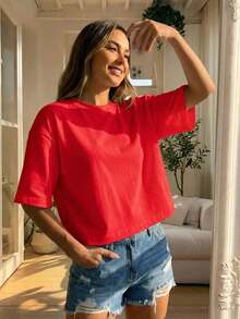 Blusa de mujer de cuello redondo, manga corta, holgada y casual, adecuada para primavera y verano, con estilo minimalista, elegante y sexy Y2K, versátil para el trabajo, el hogar y salir - Rojo - Ver 6