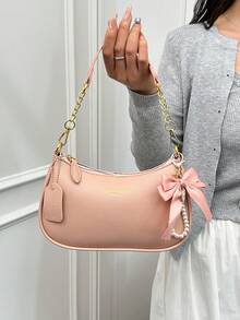 Bolso de hombro en forma de media luna 2025, nuevo diseño de moda clásico y versátil con decoración de patrón de letras, unicolor, material PU impermeable, bolso de mano y bandolera, adecuad - Camel - Ver 6