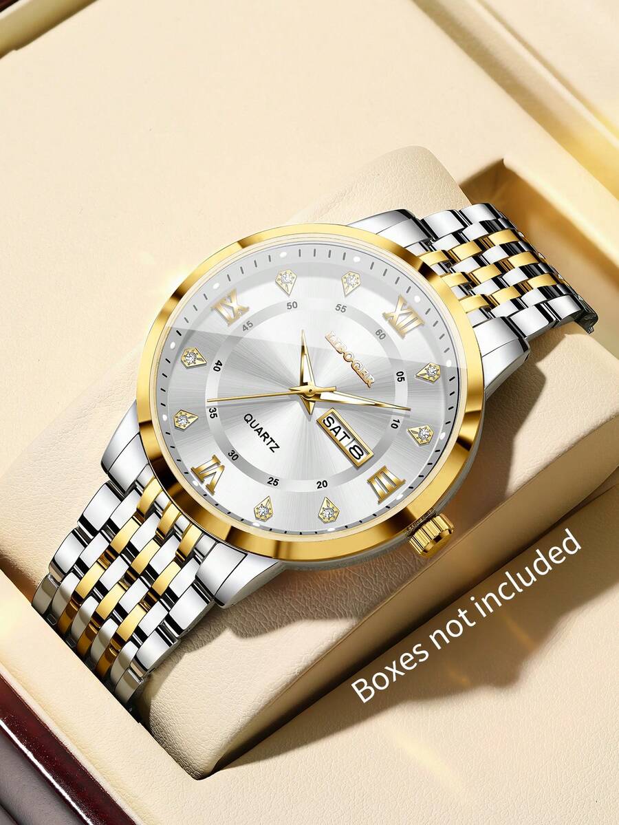 1pc Men's Business Quartz Wrist Watch, Gold-Tone Alloy Band, Calendar, Diamond-Encrusted Roman Numeral Dial, Classic Fashion Casual Watch, Gift For Boyfriend (1pc/Set, Watch Box Not Included) - White - View 1