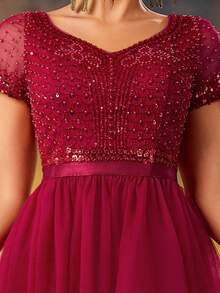 Robe de demoiselle d'honneur d'été pour femmes avec paillettes, maille contrastée et fente, convient pour les banquets de soirée formels, les fêtes et les mariages - Rouge foncé - Voir 5