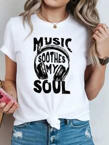 Camiseta de manga corta estampada para mujer, estilo vintage musical con el texto "MUSIC SOOTHES MY SOUL" impreso, camiseta de manga corta de cuello redondo para primavera/verano, adecuada para salidas informales, regalos de vacaciones, reuniones de amigos, fiestas de música y ropa de vacaciones. - Blanco - Ver 7