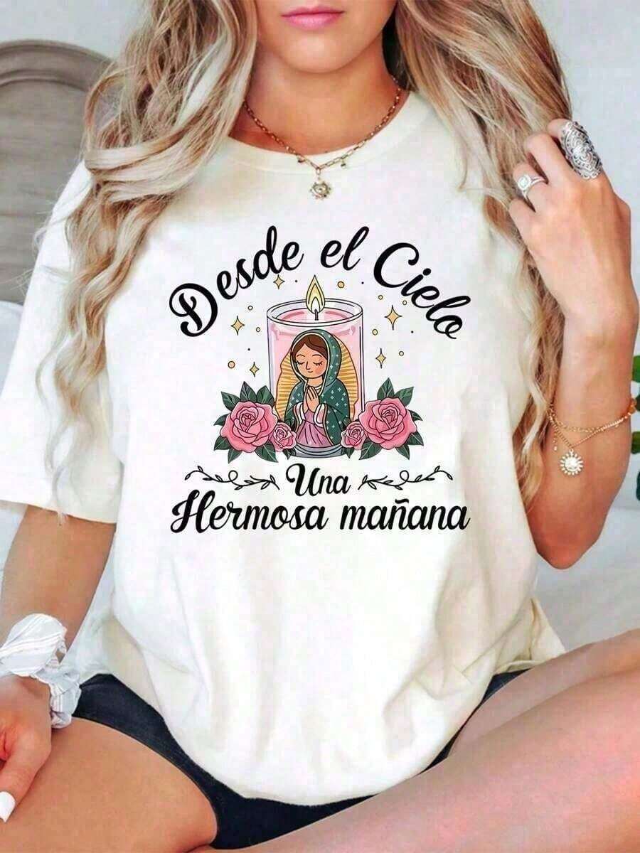 Camiseta Vintage de Algodón para Mujer, Estilo Oversize, Nuestra Señora de Guadalupe, Virgen María, Camiseta de Fe, Cuello Redondo, Religiosa, Inspiradora, Cristiana, Corte Holgado, para Fiestas o Regalos, Suave y Cómoda, Estampado de Moda - Blanco - Ver 1