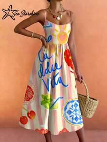 Starfish Shiny Vacation Style Women's Dress, Ocean Lobster & Citrus Lemon Letter Print Sleeveless Dress Elegant Summer - Multicolor - View 4