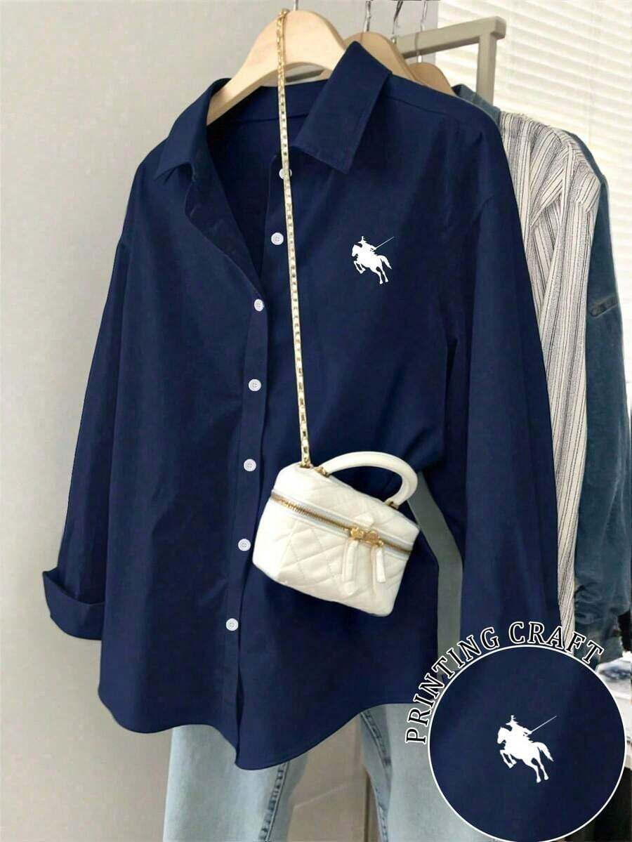 Camisa de manga larga holgada con estampado minimalista para mujer - Azul marino - Ver 1
