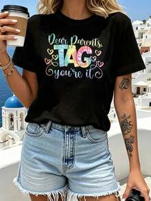Camiseta de manga corta con cuello redondo para mujer, estilo retro de vacaciones, nueva colección 2026, para compras informales, regalos de vacaciones, reuniones con amigos, fiestas deúsica y atuendos de vacaciones. - Negro - Ver 1