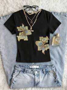 Camiseta casual de manga corta y cuello redondo con gráfico de niña de mezclilla para mujer, de verano - Estilo - Ver 5