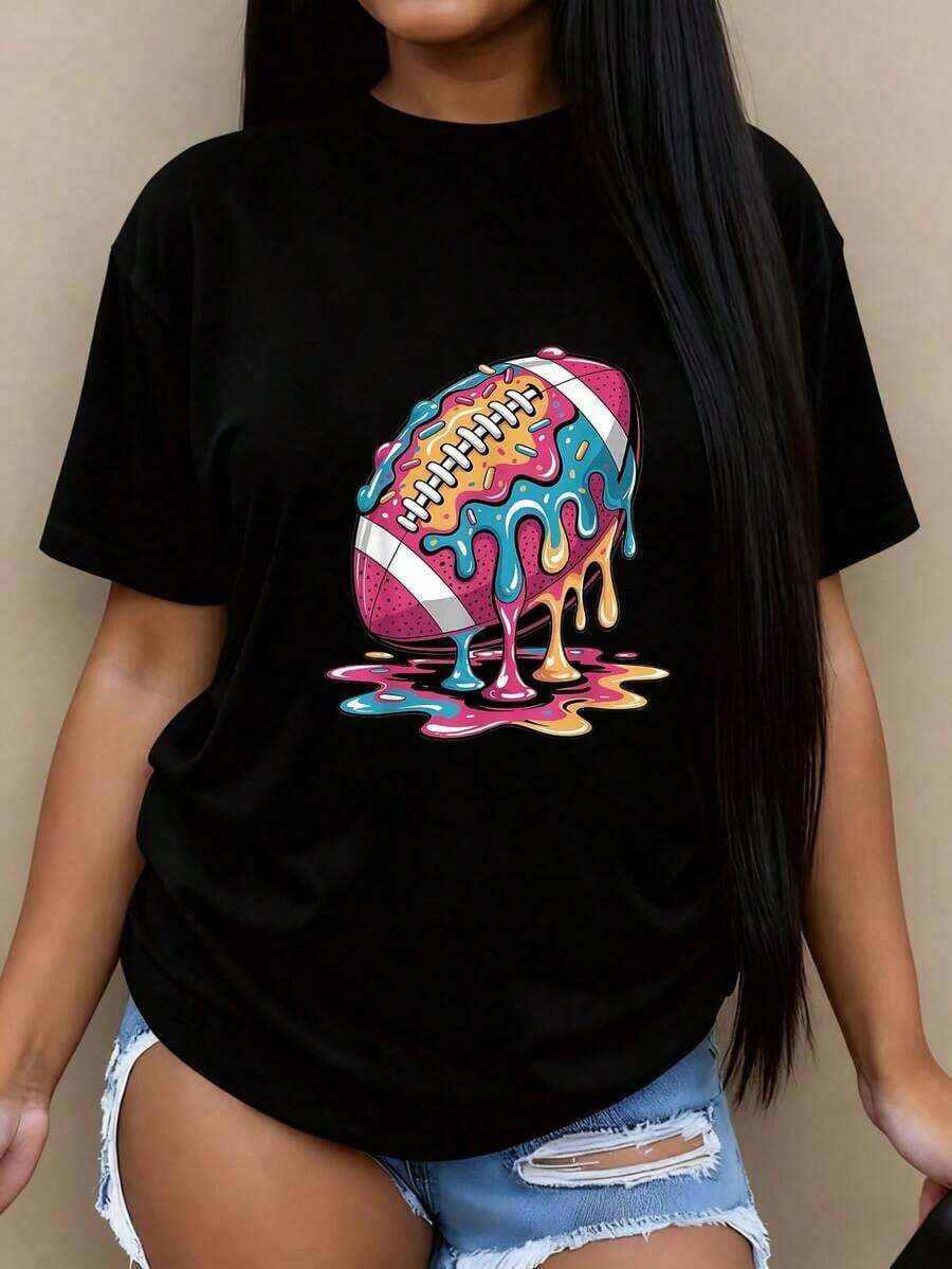 MinimalistCamiseta Negra con Diseño de Futbol Americano de Colores con Glaseado Goteando Estilo Dulce para MujerWomen's Simple Solid Color T-shirt, Loose and Slim Fit Casual Short Sleeve - Negro - Ver 1