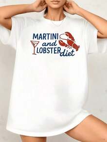Minimalist Design Featuring A Martini Glass And Red Lobster, Symbolizing Gourmet Enjoyment And A Relaxed Lifestyle. Ideal For Casual Occasions. Women's 100% Cotton 220g T-Shirt. Women's Simple Solid Color T-Shirt, Loose And Slim Fit Casual Short Sleeve - 黑色 - 查看 9