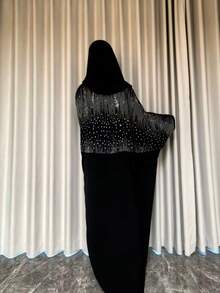 Black Elegant European & American Middle Eastern Style Women's Rhinestone Decorated Hijab Headscarf, Loose Long Sleeve Cover Up Abaya Robe Fall - Black - View 6