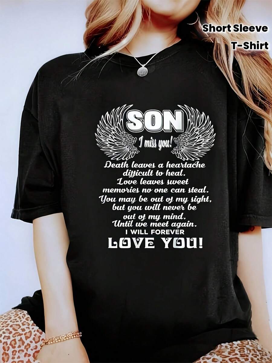 Camiseta Conmemorativa "Extraño a Mi Hijo" para Mujer y Unisex - Manga Corta 100% Ajustada, Estampado de Poema en Memoria de un Hijo con Diseño de Alas y Nombre, Regalo Liger y Transpirable para Duelo por la Pérdida de un Ser Querido, Lavable a Máquina, para Padres en Vuelta de un Ente Querido. - Negro - Ver 1