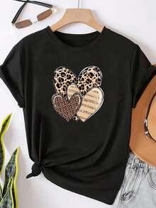 Camiseta estampada, top casual de manga corta y cuello redondo, ropa de verano para mujer - Negro - Ver 1