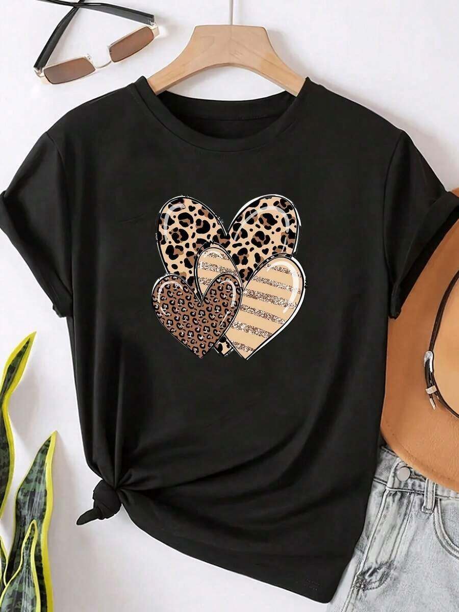 Camiseta estampada, top casual de manga corta y cuello redondo, ropa de verano para mujer - Negro - Ver 1