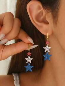 1 Pair Exaggerated Independence Day Long Striped Acrylic Heart & Star USA Ear Hook Earrings Small Stud Ear Jewelry (Card Not Included) - Multicolor - View 7