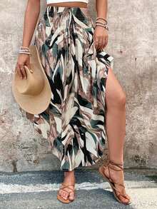 HGDJUNY Falda de mujer con corte aleatorio en la cintura, bajo asimétrico y estampado de hojas, para vacaciones en la playa en otoño. - Azul 4 - Ver 8