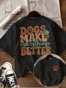 Gift Women's Printed T-Shirt [Double-Sided Design] - Vintage Style With Pet Paw Prints, Flowers And Dogs, Loose Fit, Casual For Everyday Wear, Crew Neck, Short Sleeve - Unisex Cotton Short Sleeve Crew Neck T-Shirt, Urban Vintage Style Soft - 黑色 - 查看 1